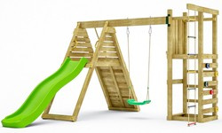Plac zabaw drewniany ogrodowy Climber KDI zjeżdżalnia, huśtawka, ścianka, kładka i lina wspinaczkowa, drabinka linowa