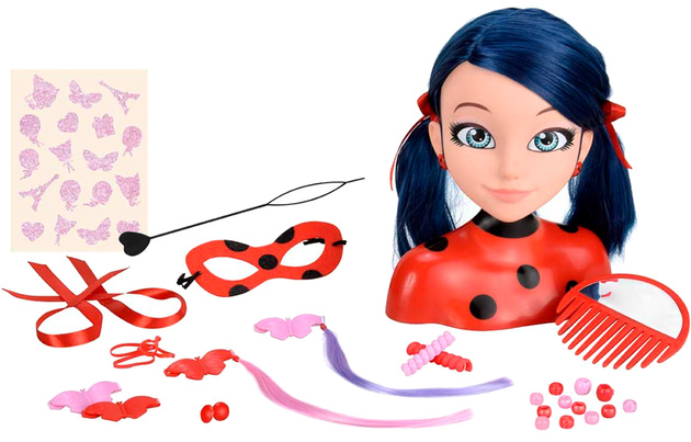 Lalka Głowa do czesania i stylizacji włosów Biedronka Ladybug Miraculous Marinette Deluxe+akcesoria