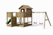 Plac zabaw drewniany ogrodowy Pluto KDI domek, zjeżdżalnia, 2x huśtawka, 2x piaskownica, stół piknikowy, ścianka wspinaczkowa