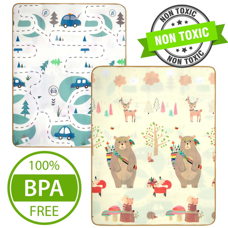 Dwustronna piankowa mata edukacyjna z pianki EPE 150 x 180 cm misie liski i auta