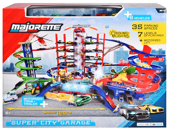 Zestaw Wielki Garaż Parking Super City 7 poziomów + 6 samochodów i lokomotywa z dźwiękiem i światłem