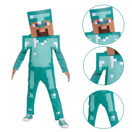 Minecraft strój karnawałowy Steve w diamentowej zbroi kostium przebranie 127-136 cm (7-8 lat)