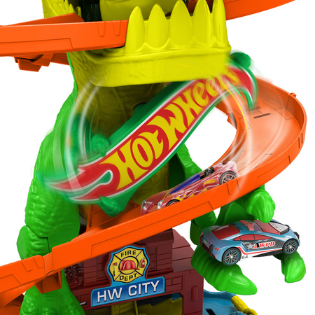 Hot Wheels City Remiza T-Rexa zakręcony tor samochodowy T-Rex Blaze Battle + pojazd