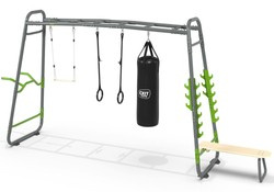 Siłownia ogrodowa Fitness Stanowisko gimnastyczne GetSet MB330: poręcze, pozioma drabinka, drążek, stacja, kółka, worek treningowy, ławka, trapez