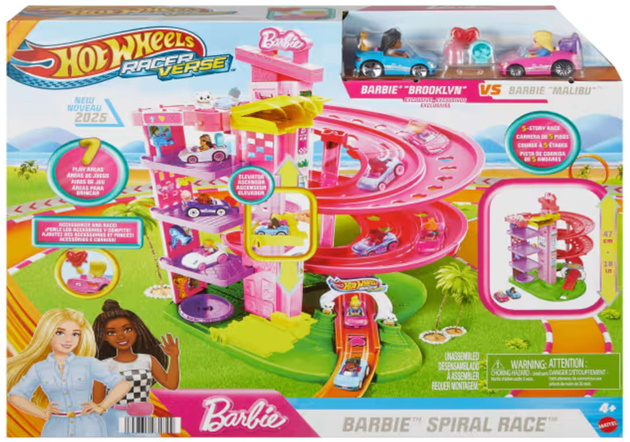 Barbie Duży Tor Wyścigowy Zakręcony z Windą Hot Wheels Raceverse + 2 Autka 47 Cm