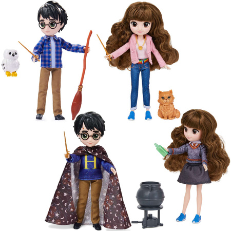 Lalki figurki kolekcjonerskie Harry Potter i sowa Hedwiga oraz Brilliant Hermiona Granger z kociołkiem i rudy kot Krzywołap + akcesoria 20 cm