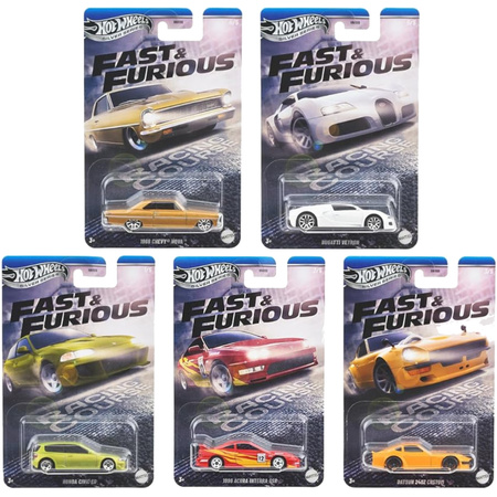Hot Wheels zestaw 5 aut Fast & Furious Honda Civic, Acura Integra, Datsun, Chevy Nova, Bugatti Veyron