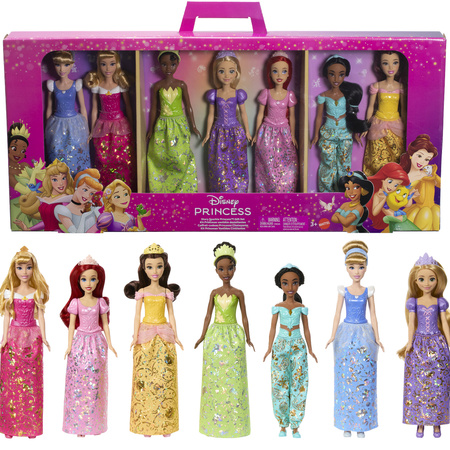 Zestaw Lalki Disney Księżniczki 7 bohaterek w błyszczących strojach Arielka Roszpunka Aurora Kopciuszek Bella Jasmina Tiana 