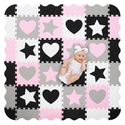 Humbi Duża Mata edukacyjna 150 x 150 cm Kojec XXL Grube Puzzle piankowe 30 x 30 cm Gwiazdki i serduszka serca Kolor czarny biały szary różowy
