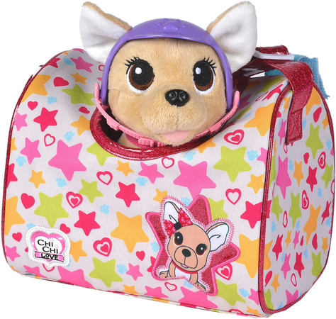 Chi Chi Love Maskotka Piesek Chihuahua z kaskiem w kolorowej torbie podróżnej