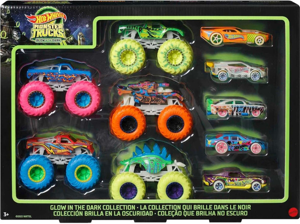 Hot Wheels Monster Trucks zestaw 10 świecących w ciemności pojazdów 1:64