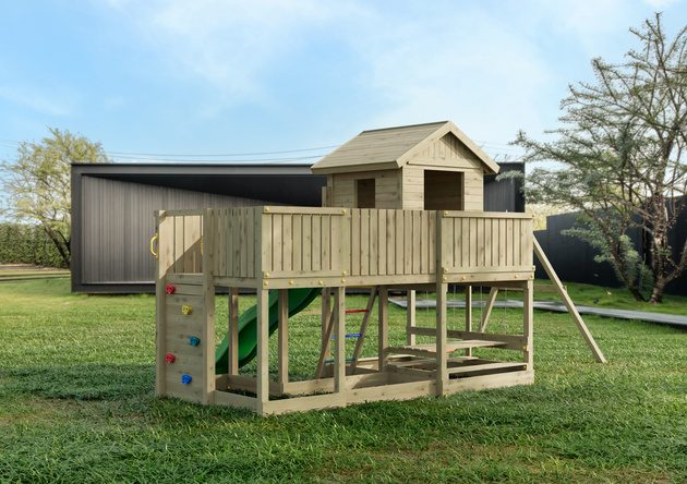 Fungoo Plac zabaw drewniany ogrodowy Longstepper z dwiema huśtawkami zjeżdżalnią