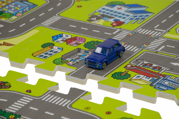 Humbi Mata edukacyjna Grube Puzzle piankowe 31,5 x 31,5 x 1 cm 63 elementy Kolorowe Ulice Miasto Uliczki Budynki Domy Domki