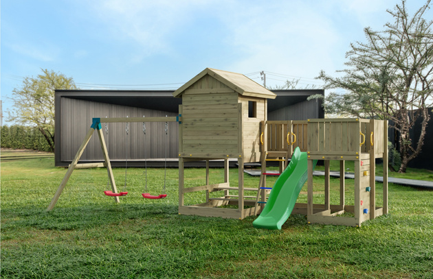 Fungoo Plac zabaw drewniany ogrodowy Longstepper z dwiema huśtawkami zjeżdżalnią