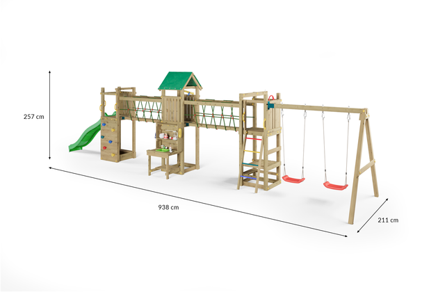 Fungoo Plac zabaw drewniany ogrodowy Space Longer, zjeżdżalnia, ścianka wspinaczkowa, huśtawki, kuchnia błotna