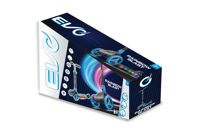 EVO Składana Regulowana Trójkołowa Hulajnoga dla Dzieci Rainbow Blast Mini Cruiser Błękitny Świecący Podest