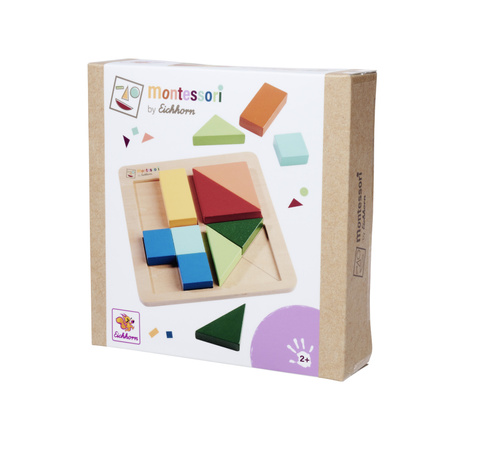 Montessori Kolorowe Drewniane Puzzle Kwadraty Trójkąty Prostokąty 13 Elementów