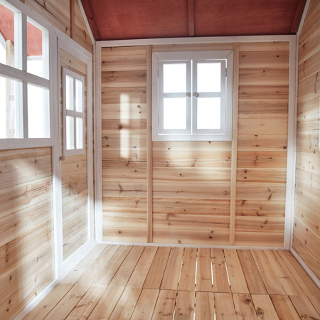 Drewniany domek ogrodowy dla dzieci Loft 750 (schodki, zjeżdżalnia, taras, piaskownica) - naturalny