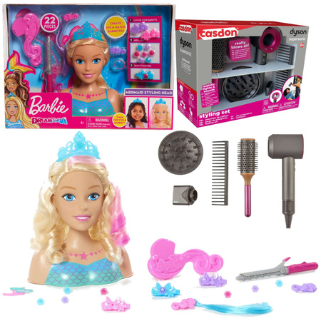 Lalka Głowa do czesania i stylizacji Syrenka Fryzjer Barbie Dreamtopia z akcesoriami + Dyson Zestaw do stylizacji włosów Suszarka Supersonic - 5 el.