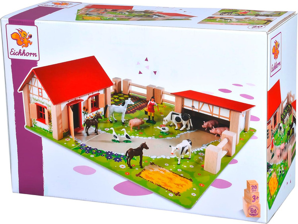 Drewniana Farma Zagroda + figurki zwierzątka wiejskie gospodarstwo domowe 23 elementy