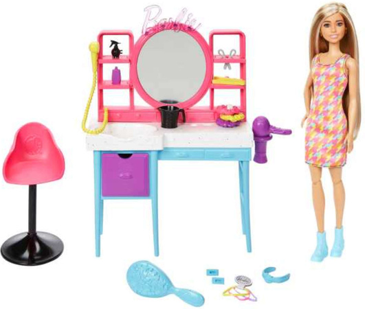 Barbie Zestaw Lalka Fryzjer Kolekcjonerska Salon Fryzjerski + akcesoria 15 elementów