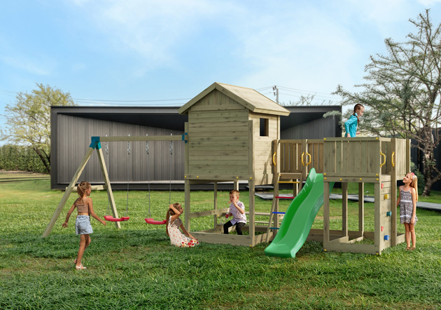 Fungoo Plac zabaw drewniany ogrodowy Longstepper z dwiema huśtawkami zjeżdżalnią