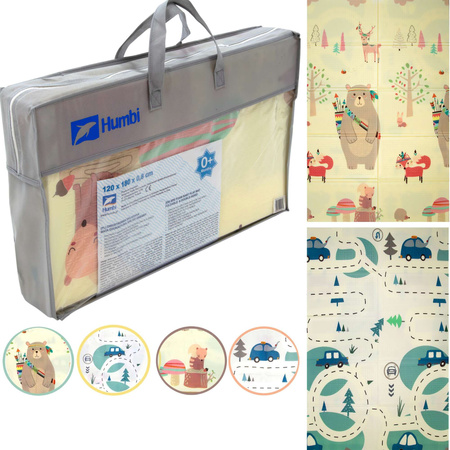 Dwustronna Składana Mata Edukacyjna z pianki XPE Podłogowa Bezpieczna 120x180 misie liski i auta Humbi