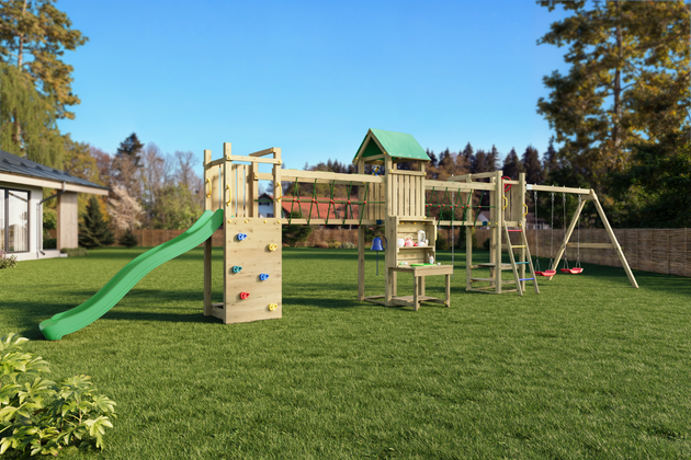 Fungoo Plac zabaw drewniany ogrodowy Space Longer, zjeżdżalnia, ścianka wspinaczkowa, huśtawki, kuchnia błotna