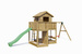 Plac zabaw drewniany ogrodowy Pluto KDI domek, zjeżdżalnia, 2x huśtawka, 2x piaskownica, stół piknikowy, ścianka wspinaczkowa