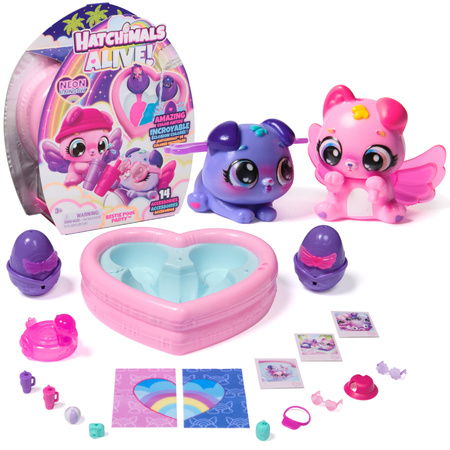 Hatchimals Alive! Neon Rainbow Bestie Pool Party basen 2 figurki w jajkach i 14 akcesoriów