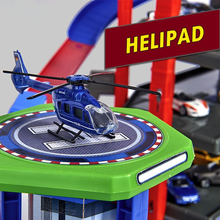 Zestaw Wielki Garaż Parking Super City 7 poziomów + 6 samochodów i lokomotywa z dźwiękiem i światłem