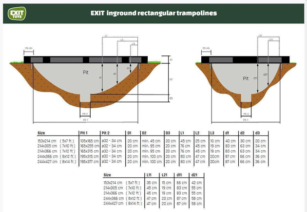 Trampolina ogrodowa naziemna Dynamic EXIT z płytkami zabezpieczającymi Freezone 275 x 458 cm czarna