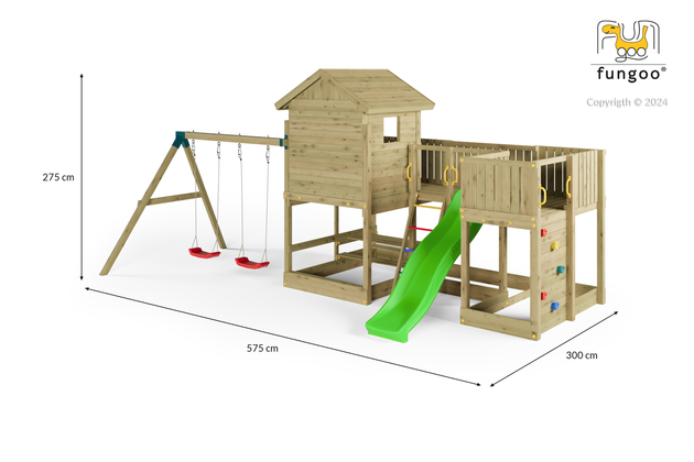 Fungoo Plac zabaw drewniany ogrodowy Longstepper z dwiema huśtawkami zjeżdżalnią