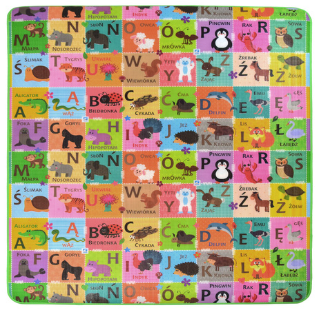 Humbi Piankowa dwustronna mata edukacyjna Szachownica 3w1 Polski Alfabet Cyfry Obrazki Kontrastowe czarno-biała 180 x 200 x 0,5 cm