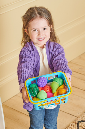 Zestaw koszyk i wózek sklepowy na zakupy z owocami i warzywami dla dzieci Supermarket
