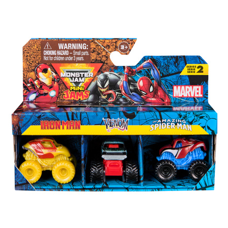 Monster Jam zestaw 3 auta Mini Jams Marvel Iron Man Venom Spiderman