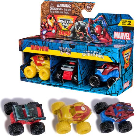 Monster Jam zestaw 3 auta Mini Jams Marvel Iron Man Venom Spiderman