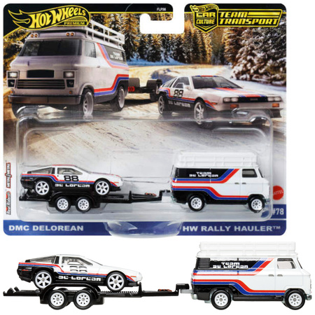 Hot Wheels Premium zestaw pojazdów Team Delorean Rally Hauler #78 DMC Delorean