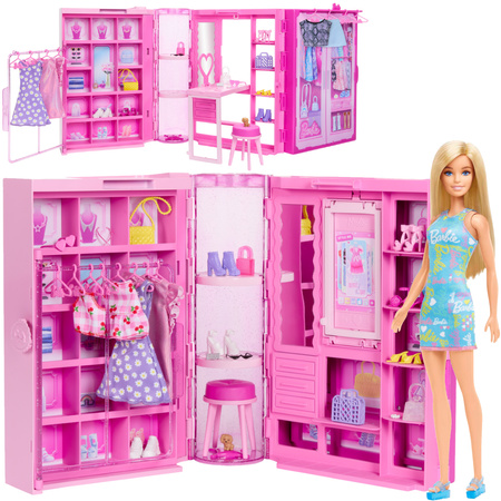 Barbie duży zestaw Szafa Marzeń z lalką przenośna garderoba Dream Closet 25+ elementów