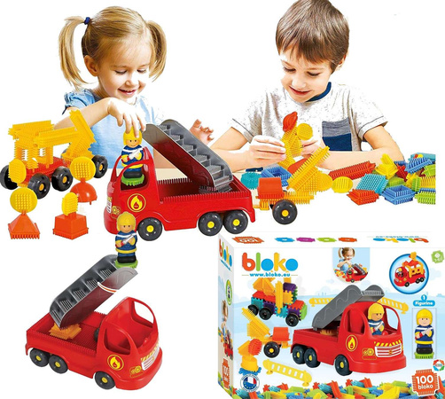 Klocki sensoryczne czerwony Wóz Strażacki straż pożarna z klockami Pin Bricks 100 elementów + figurka strażaka Bloko 