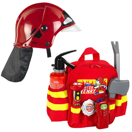 Zestaw strażacki Henry'ego z wyposażeniem Plecak i kask czerwony Hełm ochronny MSA z opuszczaną szybką