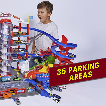 Zestaw Wielki Garaż Parking Super City 7 poziomów + 6 samochodów i lokomotywa z dźwiękiem i światłem