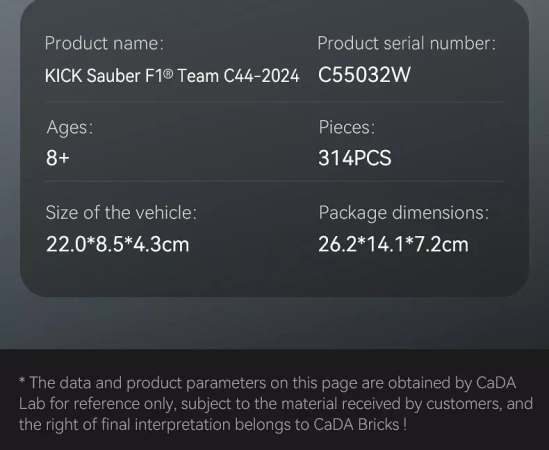 Klocki konstrukcyjne CaDA Auto sportowe wyścigowe F1 Kick Sauber 314 elementów C55032W