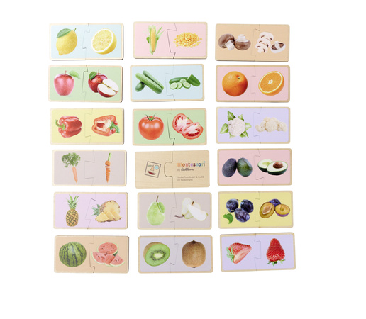 Montessori Kolorowe Drewniane Puzzle Układanka edukacyjna Owoce i Warzywa 34 elementy