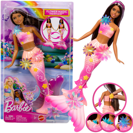 Lalka Barbie Syrenka z różowo-pomarańczowym ogonem z kwiatami Flower Magic