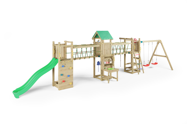 Fungoo Plac zabaw drewniany ogrodowy Space Longer, zjeżdżalnia, ścianka wspinaczkowa, huśtawki, kuchnia błotna