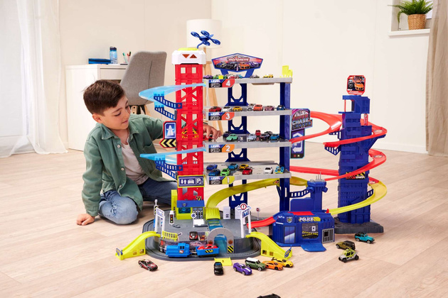 Duży Garaż Parking samochodowy Super Centrum Pościgu + 4 kolorowe auta Światło Dźwięk