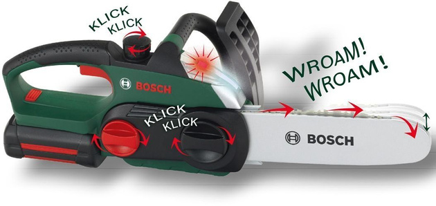 Piła łańcuchowa Bosch II z ruchomym łańcuchem z dźwiękiem i światłem bezprzewodowa dla dzieci Klein