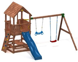Plac zabaw drewniany duży Joy Move domek, 2x huśtawka, zjeżdżalnia, piaskownica, ścianka wspinaczkowa, drabinka