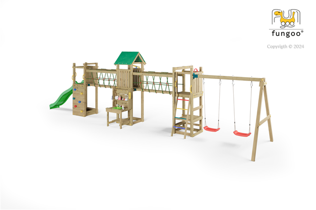 Fungoo Plac zabaw drewniany ogrodowy Space Longer, zjeżdżalnia, ścianka wspinaczkowa, huśtawki, kuchnia błotna